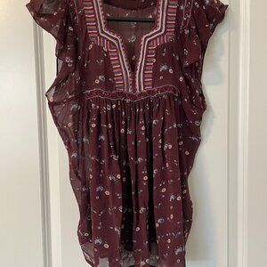 ULLA JOHNSON 2 Small Maroon Floral Silk Top w/ Tassels